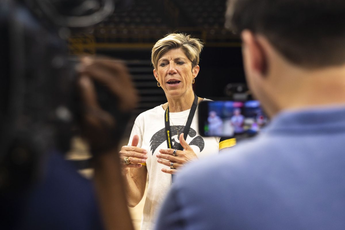 Head Coach Jan Jensen answers interview questions during the Iowa Women's Basketball media day hosted at Carver Hawkeye Arena in Iowa City, IA on Thursday, June 25, 2026.