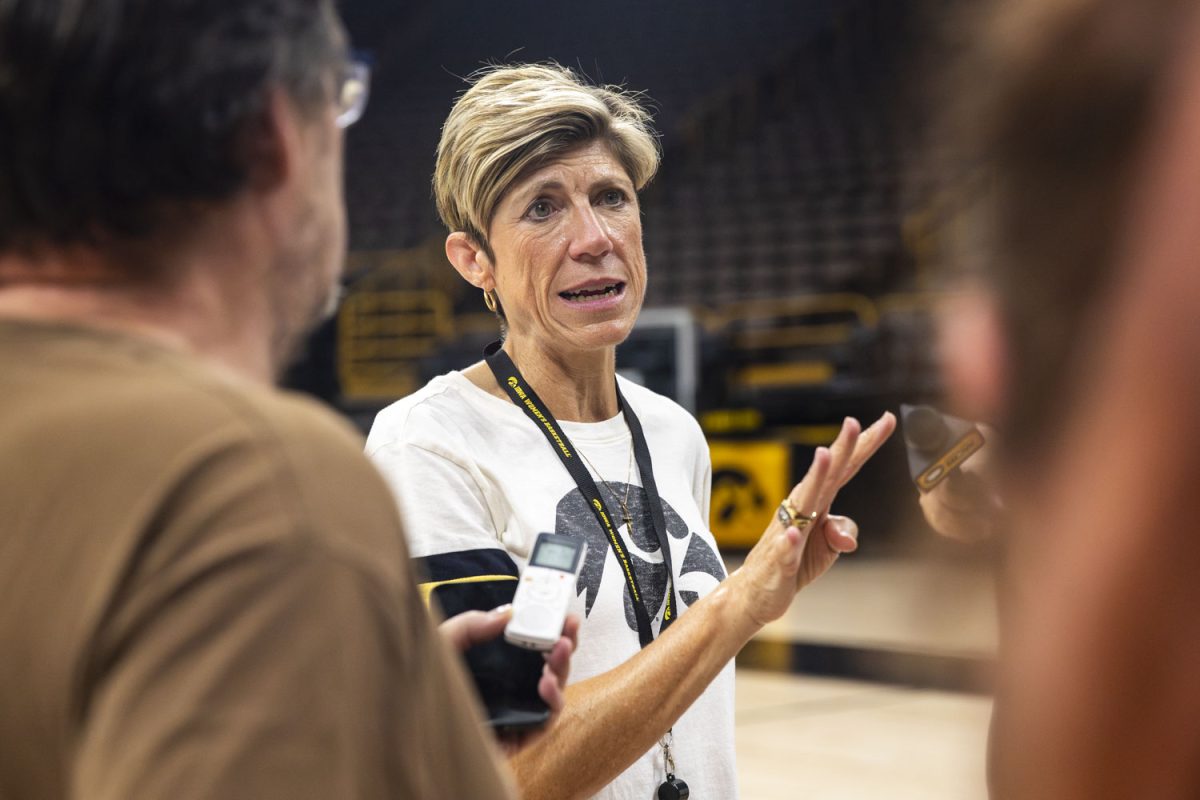Head Coach Jan Jensen answers interview questions during the Iowa Women's Basketball media day hosted at Carver Hawkeye Arena in Iowa City, IA on Thursday, June 25, 2026.