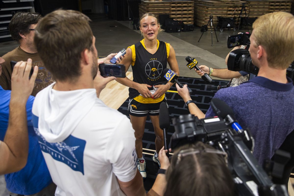 Selected players are questioned for interviews during the Iowa Women's Basketball media day hosted at Carver Hawkeye Arena in Iowa City, IA on Thursday, June 25, 2026.