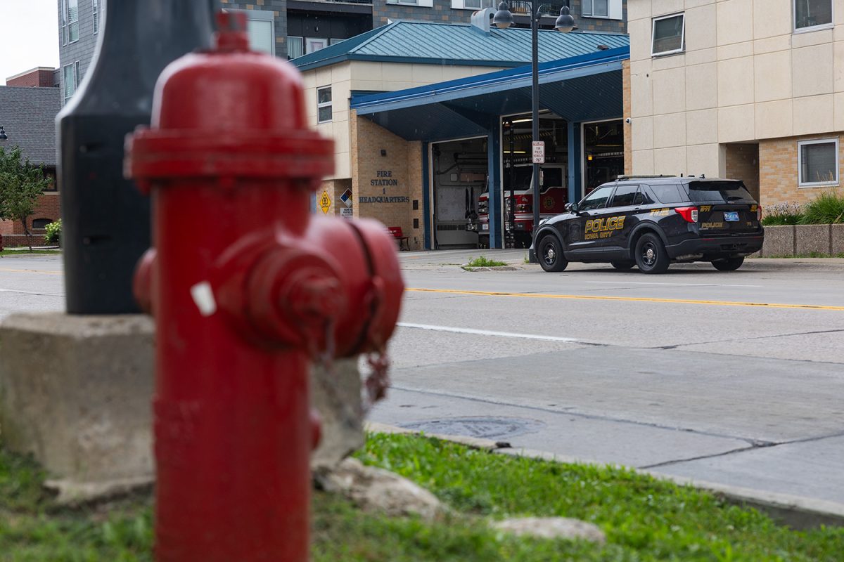 Fire hydrant in front of Fire Station 1 Headquarters on the corner of East Washington Street and South Gilbert Street, in downtown Iowa City, on July 10, 2026. Revenue from the 1% local option sales tax will help fund public infrastructure and facilities, including public safety projects.  (Natalie Jasso / The Daily Iowan)