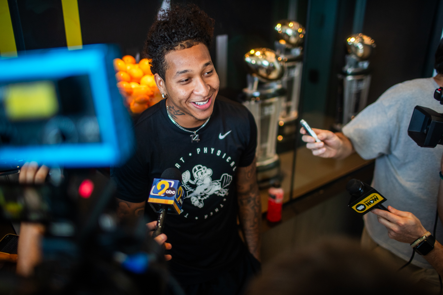 The Iowa Football team conducts interviews and provides insight during open media day